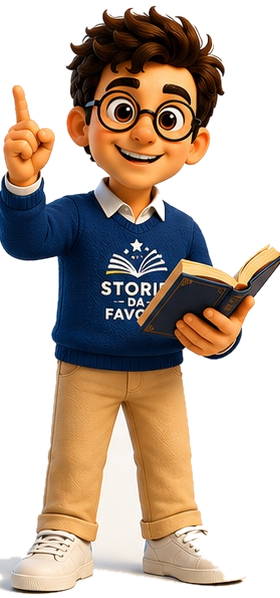 Bab, guida ufficiale di Storie da Favola, con occhiali, maglione blu e libro